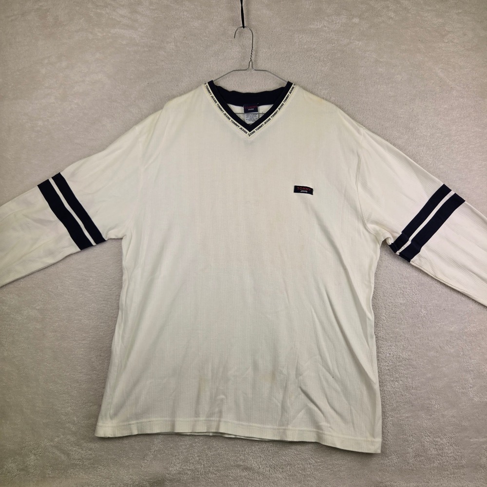 Tommy Jeans Mens XL Long Sleeve Ribbed V-Neck Shirt Off White Navy Stripe